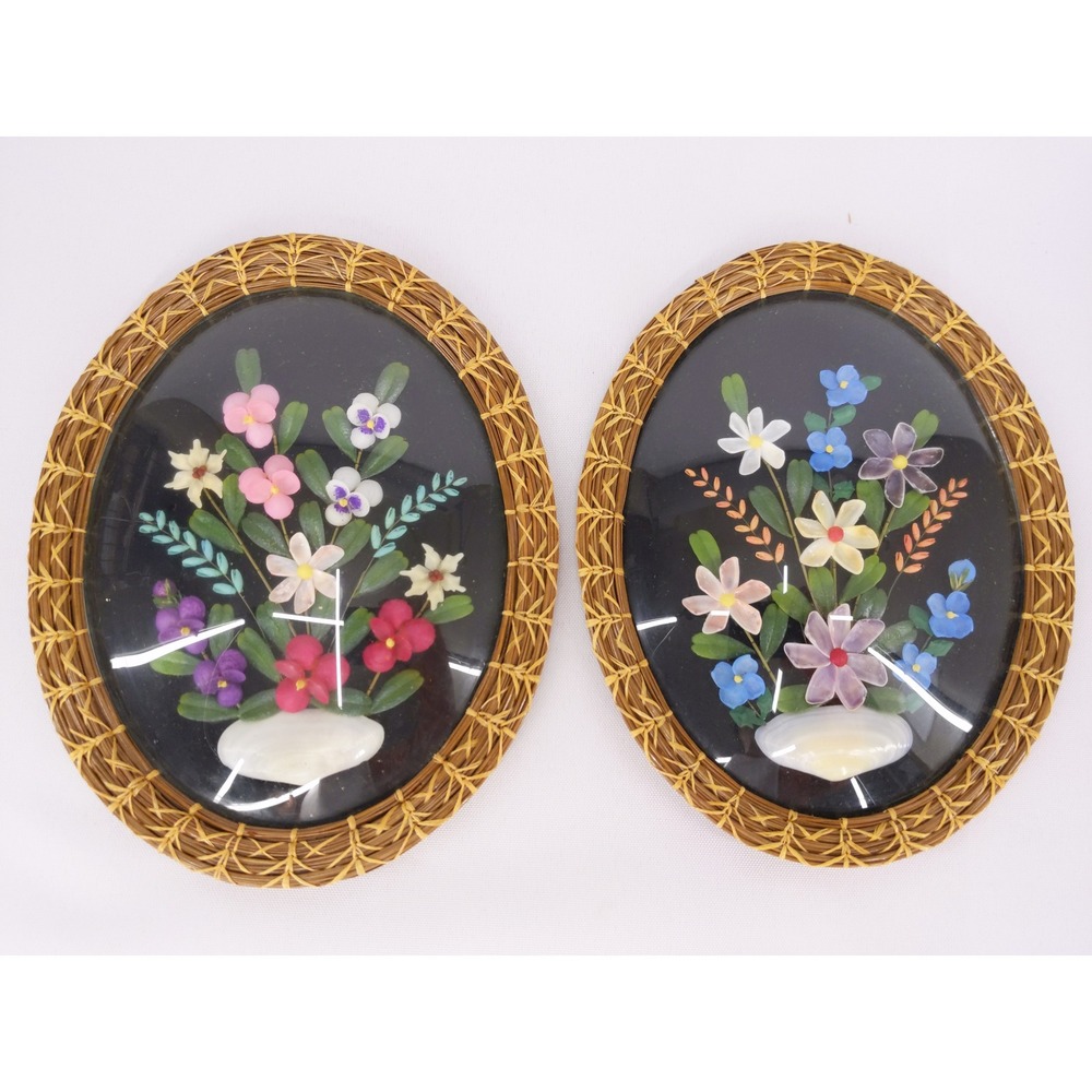 vtg Shell Art Wall Decor Multi Color Wicker Frame Domed Glass Floral Set of 2